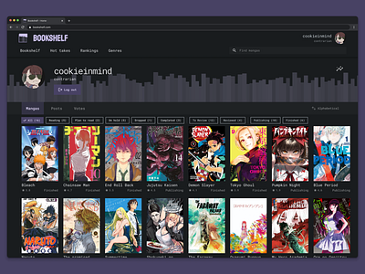 bookshelf profile page anime bookshelf comics library manga social media tabloid ui ux