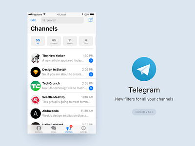 Telegram app filters interface concept channels design filters interaction interface ios11 messenger mobile telegram ui ux