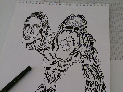 Two Heads bw character illustration paper pen work in progress