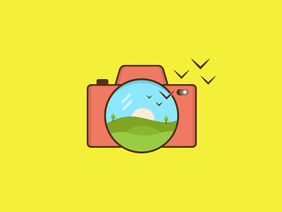 A camera and imagination birds camera flat graphicdesign grass illustration nature outline sun tree