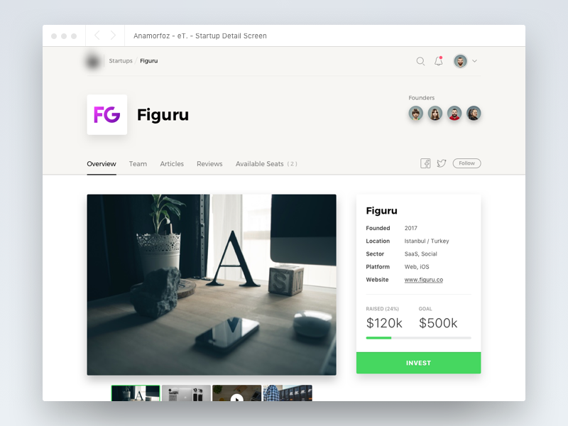 Startup Detail Screen web app startup tab menu gallery icon invest sidebar card ux ui account profile
