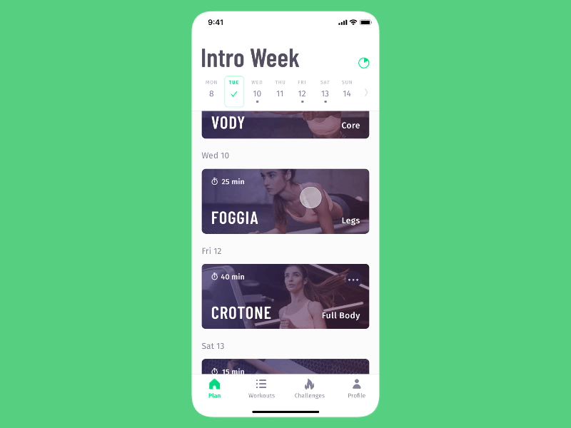 Reschedule Workout in 30 Day Fitness animation app design fitness gif principle product prototype ui ux
