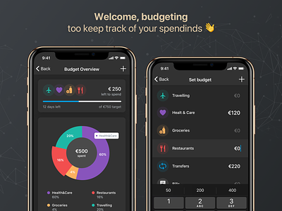 Budgeting Meets Dark Mode amount budget overview budgeting budgets categories control finance dark mode finance finance app ios ios 12 ios app mobile wallet overview paysera set budget set limit spendings transfers wallet