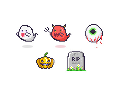 Some 8 Bit Halloween Stuffs 8 bit eyeball ghost grave halloween pixel pumpkin rip