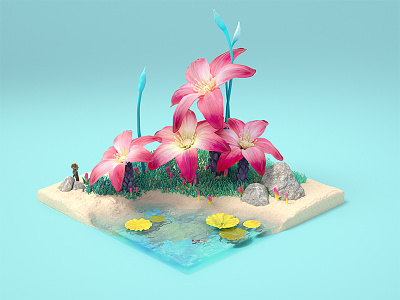 Flower Beach 3d cartoon environment modelling render