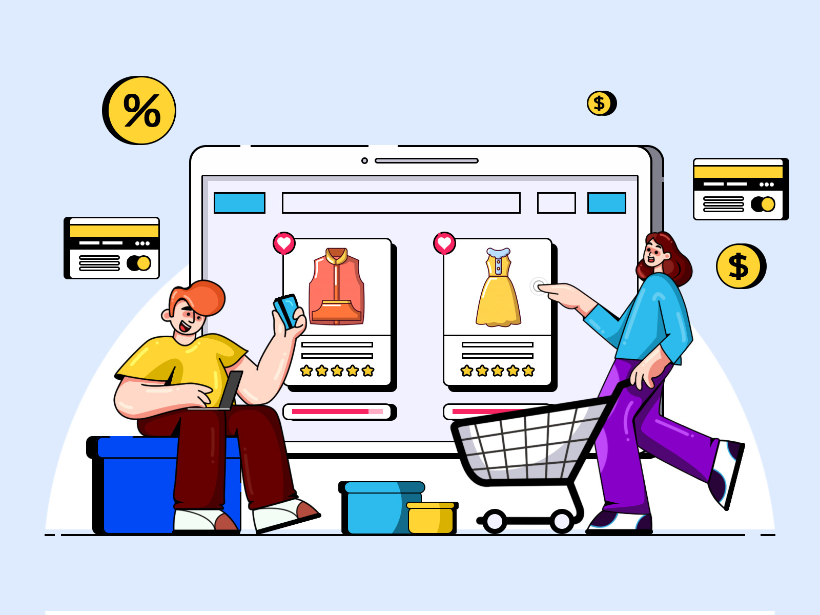 Ecommerce Illustration buy cart character clean credit card design ecommerce fashion flat illustration illustration illustration design illustration digital man shopping minimalist online shop online store shopping bag shopping cart vector woman shopping