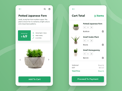 Plant Store App app e commerce interface online shopping shopping cart ui uidesign