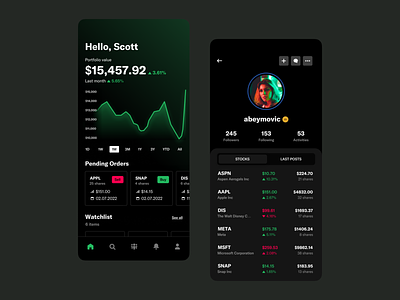 Investment App Concept charts dark mode investing mobile pd product design stocks ui user ux