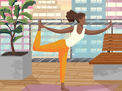 Yoga exercise. Hand drawn illustration. african american balcony black woman exercise illustration meditation people terrace vector illustration vectorgraphics.io woman yoga