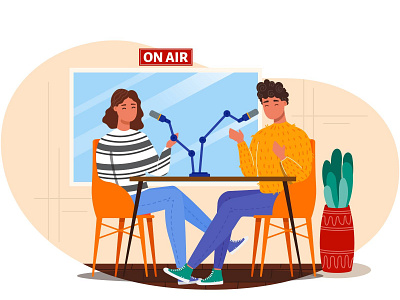 Live streaming radio podcast cartoon illustration landing page landing page design live stream live streaming on air people podcast radio talking vector illustration vectorgraphics.io