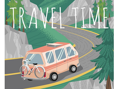 Travel time. Camper van on a mountain road. camper illustration poster road trip travel travel time vector illustration vectorgraphics vectorgraphics.io