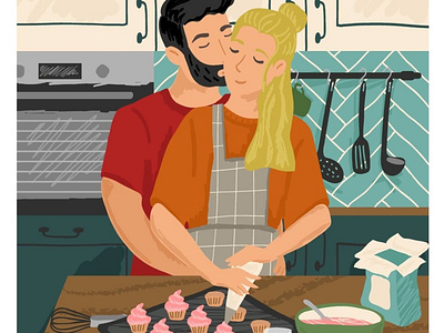 Couple in love cooking together. Hand drawn illustration.