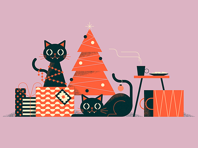 Happy Holidays cats character christmas christmas tree design illustration vector