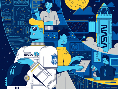 Reach For The Stars astronaut blue character illustration linework monoline nasa space vector