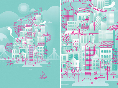 Tomorrowland city gradients illustration layers monoline vector