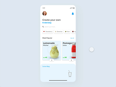 The Fruits King - Add to JuiceBag animal animation branding designer freelance juice bar mascot mobile app product design shopping app ui uiux ux uxdesign uxresearch wip