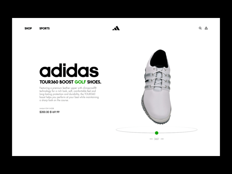 Adidas Tour360 Golf Shoes - 360° View 360 adidas animation interaction interaction design landingpage shoes ui ux