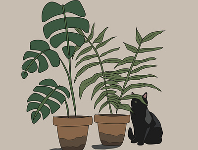 Gatito con plantas design illustration