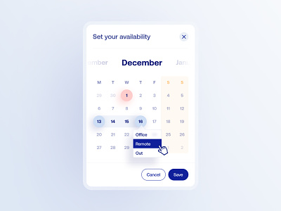 Setting availability at work – web modal availability calendar holidays product design schedule time vacations web app web design web modal website