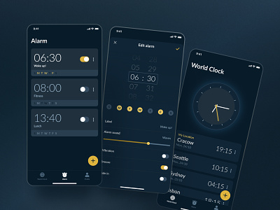 Alarm clock app alarm clock app design dark mode mobile app product design ui world clock