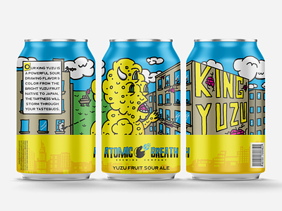 Atomic Breath Brewing King Yuzu Sour Ale beer can craft beer design illustration kaiju logo monster packaging design