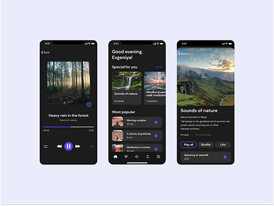 Meditation app ui медитация плейлист приложение темная тема