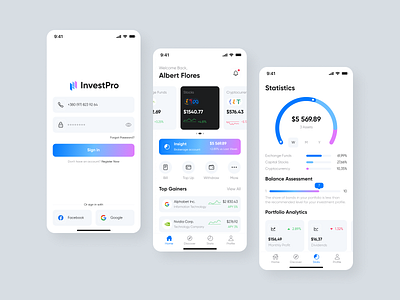 InvestPro – Finance Mobile App adobe xd app design branding concept design dribbble figma finance flat ios iphone minimal mobile mobile app portfolio typogrpahy ui ui ux ux vector