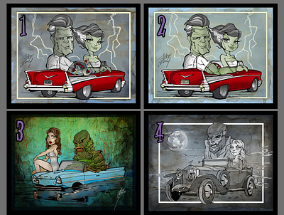 series 1 monsters in cars branding bride creature from the black lagoon design frankenstein illustration logo tiki universalmonsters wolfman