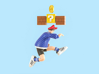 Mario 3d art gold illustration jumping man running