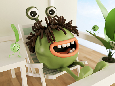 Monster Party 3d art c4d cartoon animation design happy illustration large eyes lounger chair meet monster monsters meet party plant