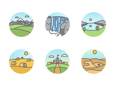 Colored landscapes castle circus desert field flat icons lake landscape lineal mountains ring waterfall