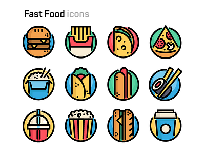 Fast Food Icons burger fast food fries hot dog pizza pop corn sushi tacos