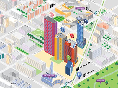 NYIT campus map building campus map city icons illustration isometric lincoln center map design new york new york city