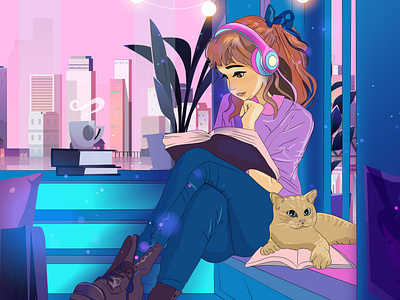 Lofi Girl cat chill girl illustration muse music vector