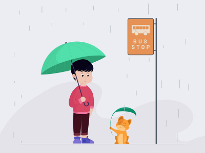 a child and a cat waiting for bus adobeillustrator cat children flat ilustration illustration rain umbrella vector