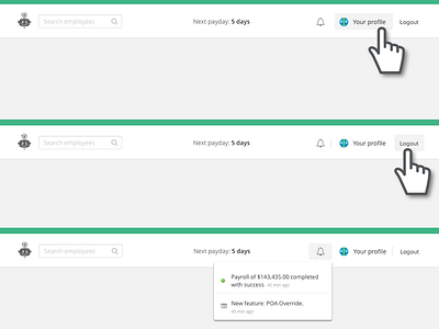 Header states app application dropdown header hover notifications saas state