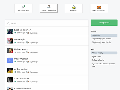 Proof of concept activities activity add button family filters friends icon list saas social ui