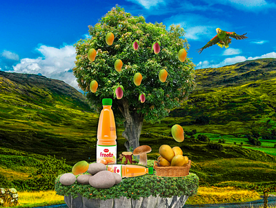 Social media post 3d dribbble graphic design illustration island theme juice juice ad mango juice social media post upwork