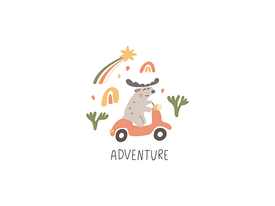 Adventure animal baby children clipart cute deer design flat forest kids little moose scooter summer vector woodland