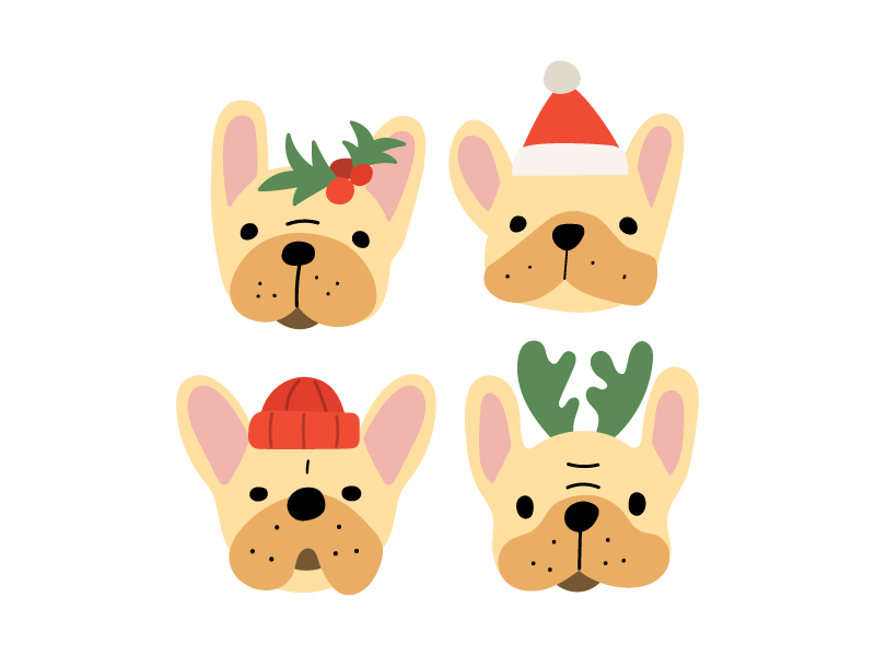 Christmas faces bulldog christmas costume cute design dog face flat french fun funny happy hat icon illustration new year party santa vector xmas
