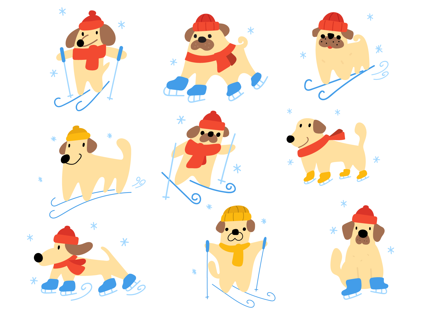 Winter dogs activity clothes design dog flat fun funny hat icon illustration pug ski skiing sport vector warm winter