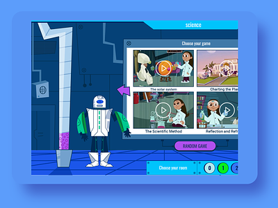 Science room: games for children character design character robot concept game game for children illustration illustrator robot science ui design ui game uidesign ux ux game