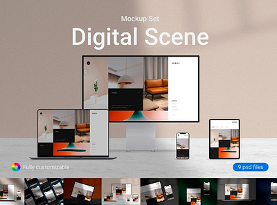 Digital Scene Mockup Set app apple dark device digital display exhibition imac ipad iphone isometric light macbook mockup presentation promo scene showcase web website