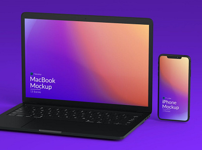 Iphone and MacBook Promo Mockups blue chic cold gradient holographic iphone iphone mockup iphone mockups macbook minimal multiple online presentation purple realistic simple store web promo web store website