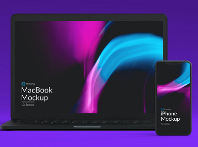 Iphone and MacBook Promo Mockups blue chic cold gradient holographic iphone iphone mockup iphone mockups macbook minimal multiple online presentation purple realistic simple store web promo web store website