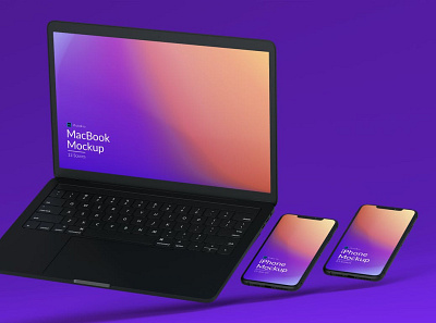 Iphone and MacBook Promo Mockups blue chic cold gradient holographic iphone iphone mockup iphone mockups macbook minimal multiple online presentation purple realistic simple store web promo web store website