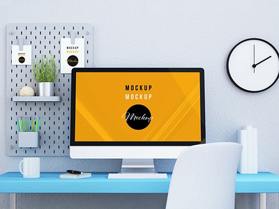 Desktop Computer on a Blue Desk Mockup abstract clean device display laptop mac macbook mockup phone phone mockup presentation realistic simple smartphone theme ui ux web webpage website