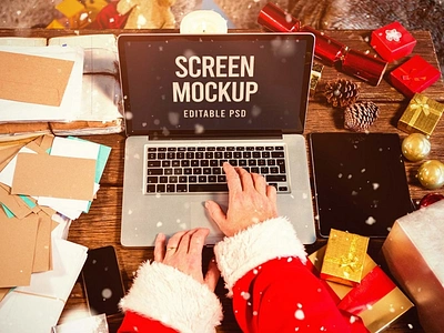 Santa Claus Laptop Mockup Set abstract christmas clean device display laptop mac macbook mockup new year phone presentation realistic santa claus simple smartphone theme ui ux web