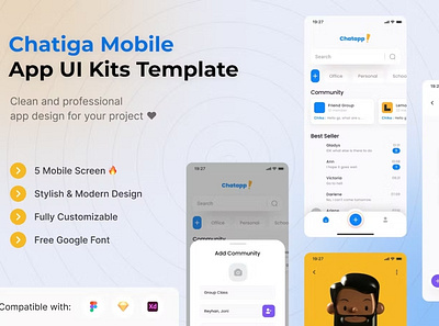 Chatiga Mobile App UI Kits Template android app app design application apps chat chatiga design design for app ios mobile mobile app mobile app design mobile app design mobile apps screen simple ui ux website