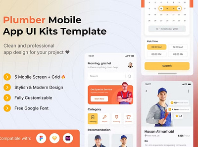 Plumber Mobile App UI Kits Template android app app design application apps clean design design for app display ios mobile mobile app mobile app design mobile app design mobile apps screen simple ui ux website